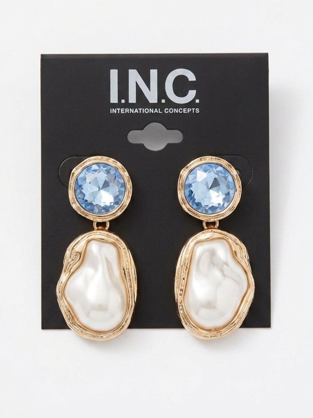 INC Blue Gem & Faux Pearl Gold Halo Drop Earrings NEW